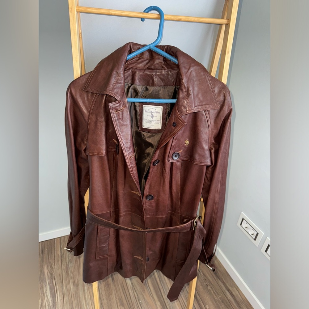 U.S. Polo Assn. Brown Leather Trench Coat with Belt